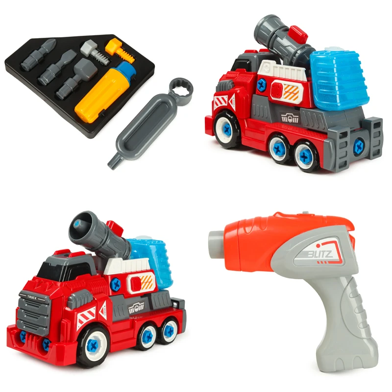 Large Take Apart Fire Rescue Vehicles with Electric Drill Set Assembly Toy ًWith Water cannon that sprays water – Ages 3+
